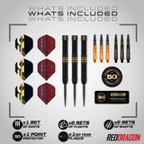 Red Dragon dart set with darts, flights, and shafts on a gray background