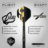 Peter Wright Dart with flight and shaft labeled, featuring 'Nitrotech' branding on a gray background.