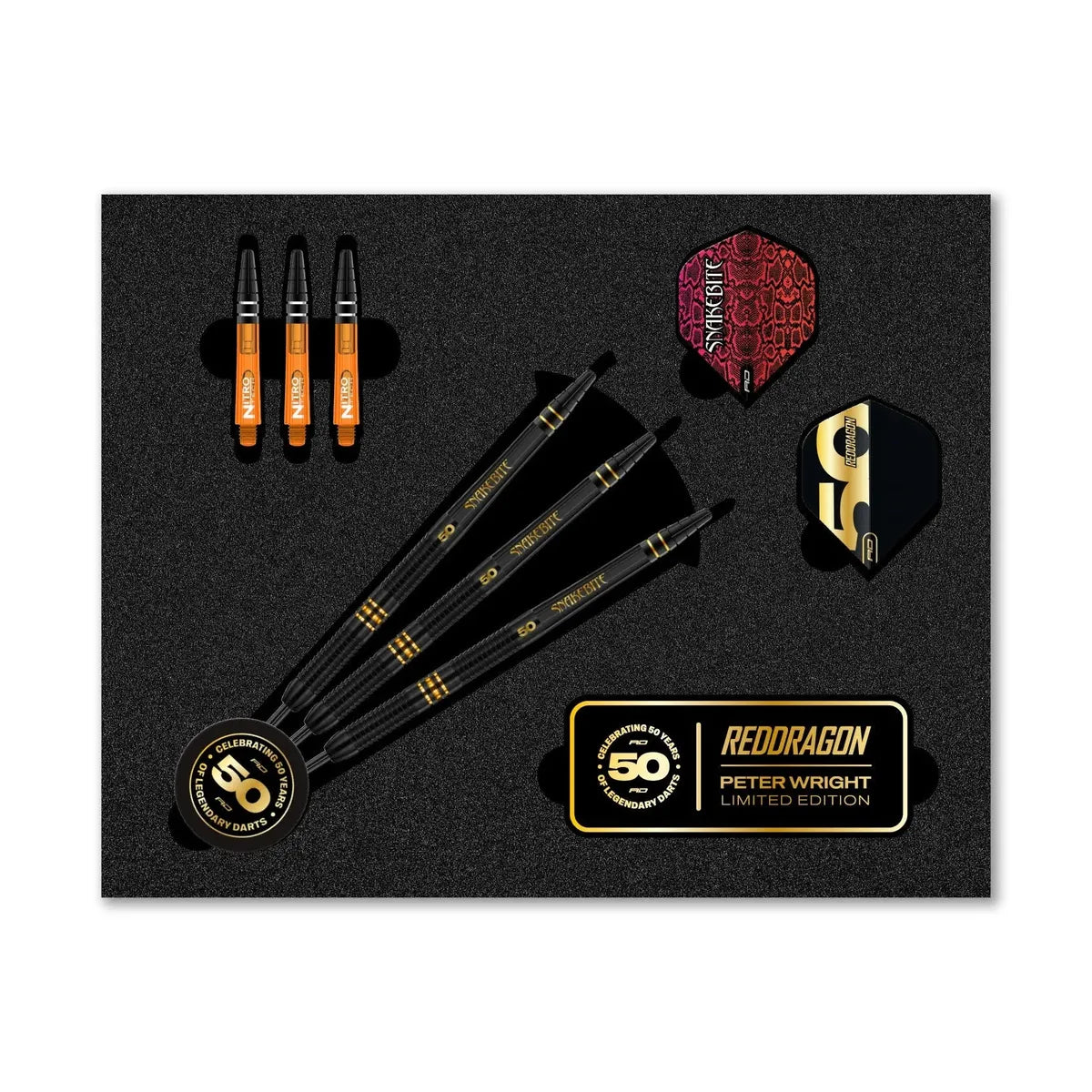 Peter Wright Limited Edition Dart set with darts, flights, and a dartboard on a black background