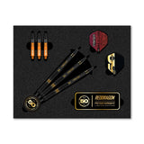 Peter Wright Limited Edition Dart set with darts, flights, and a dartboard on a black background
