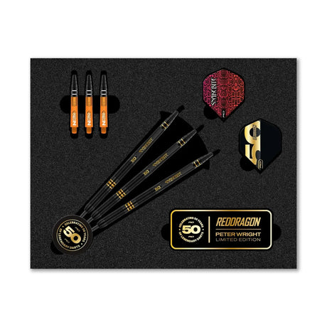 Peter Wright Limited Edition Dart set with darts, flights, and a dartboard on a black background