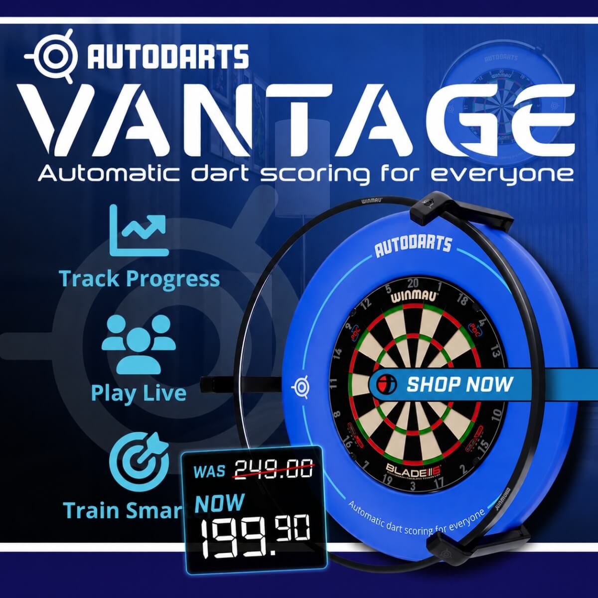 Autodarts Vantage automatic dart scoring system with a digital display showing price reduction.