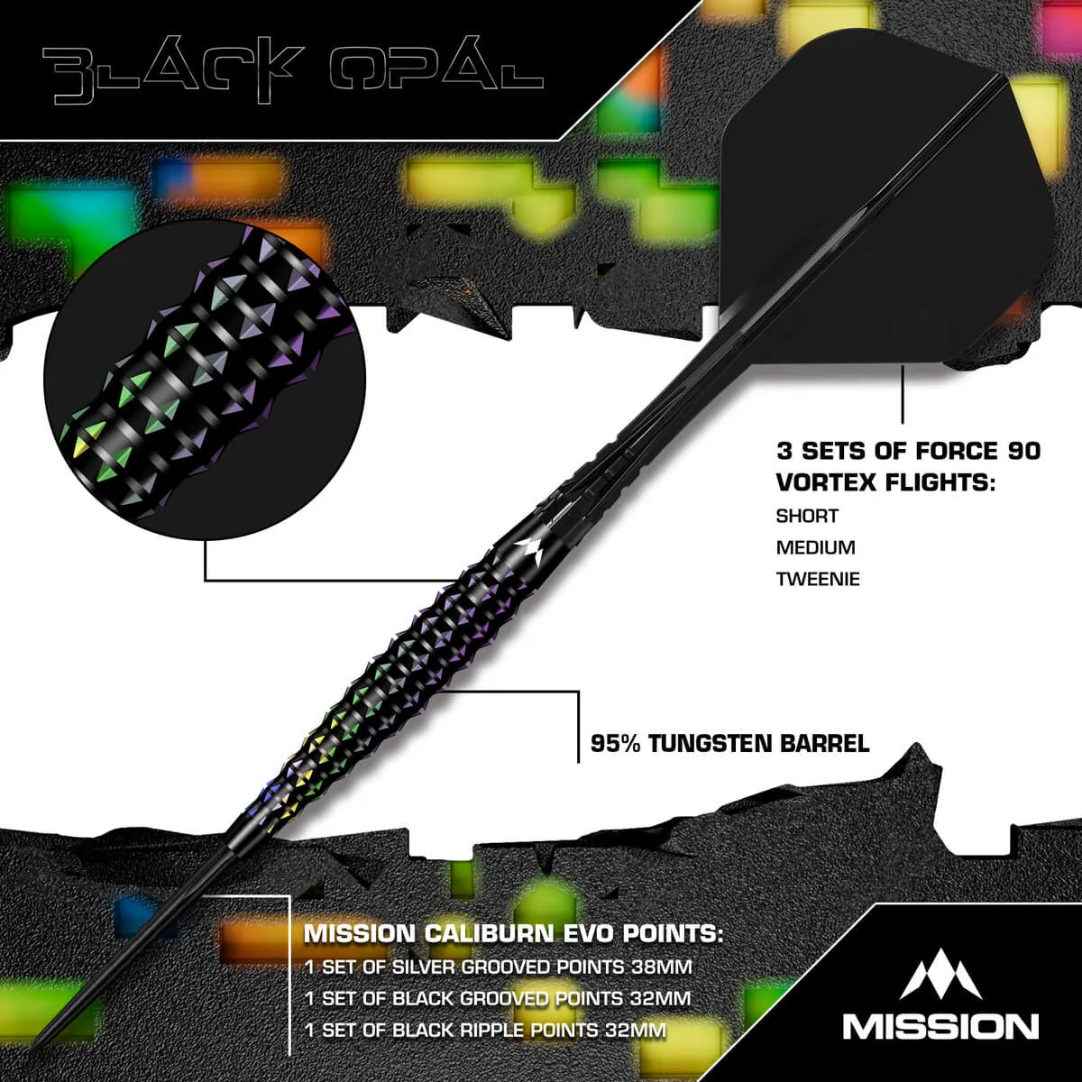 Mission Black Opal 95% Tungsten Steel Tip Darts-3-22 GRAM-Premier Darts
