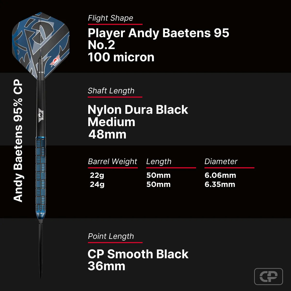 Bull's NL Andy Baetens CP 95% Tungsten Steel Tip Darts-6-22 GRAM-Premier Darts