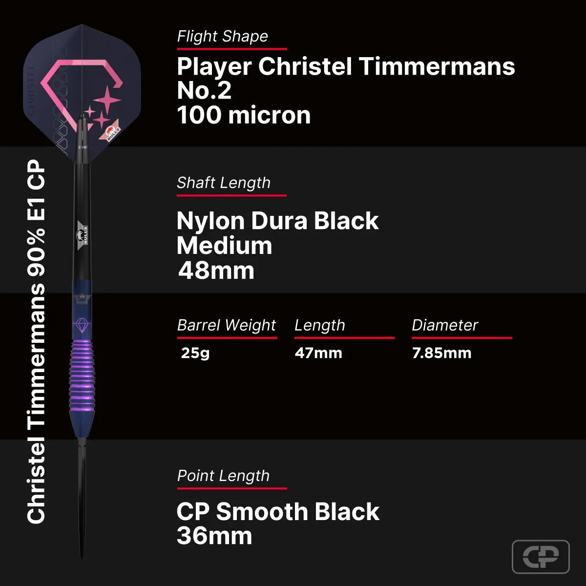 Bull's NL Christel Timmermans E1 CP 90% Tungsten Steel Tip Darts-6-25 GRAM-Premier Darts