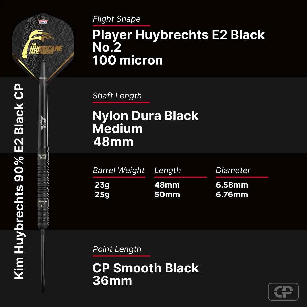 Bull's NL Kim Huybrechts E2 Black CP 90% Tungsten Steel Tip Darts-5-23 GRAM-Premier Darts