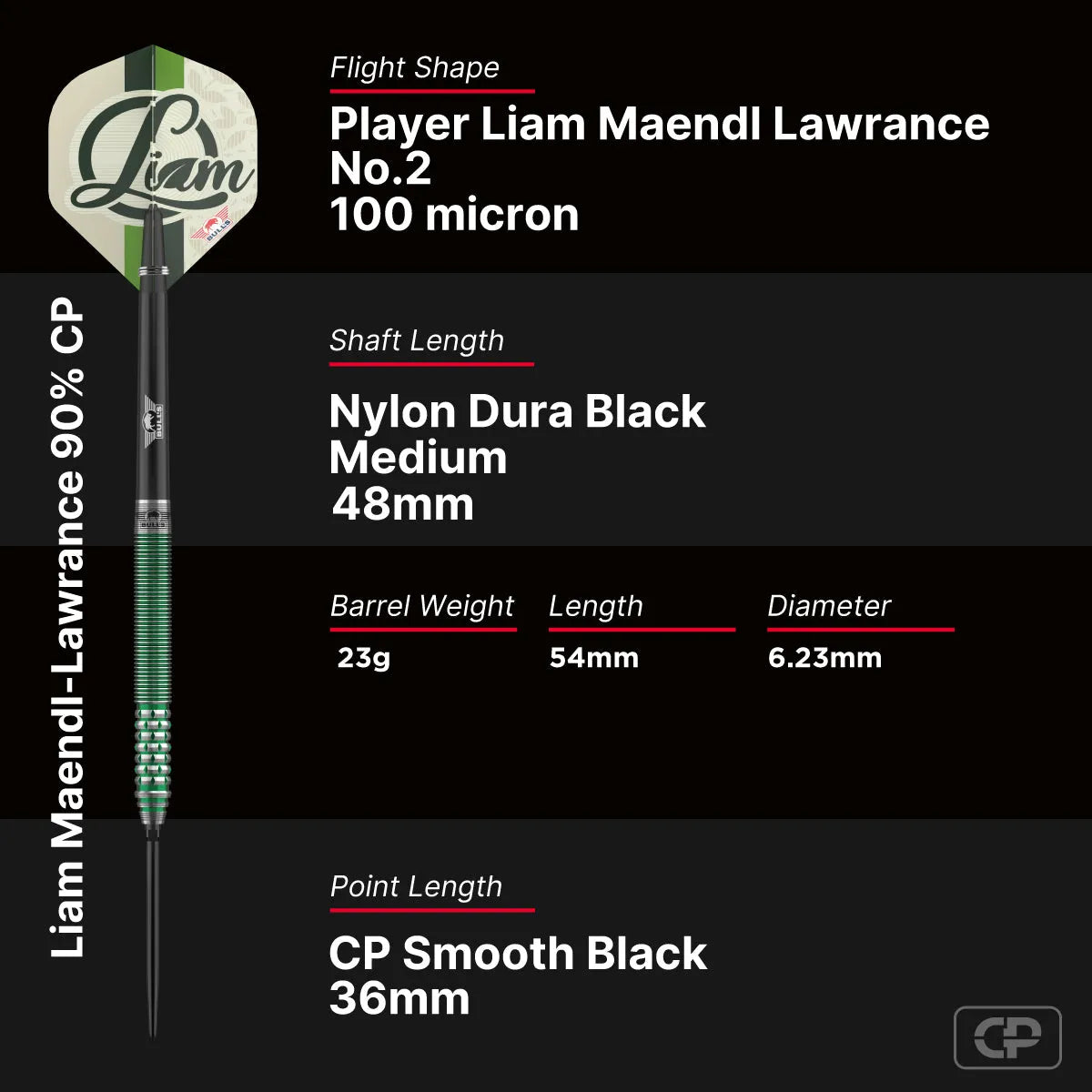 Bull's NL Liam Maendl-Lawrance CP 90% Tungsten Steel Tip Darts-6-23 GRAM-Premier Darts