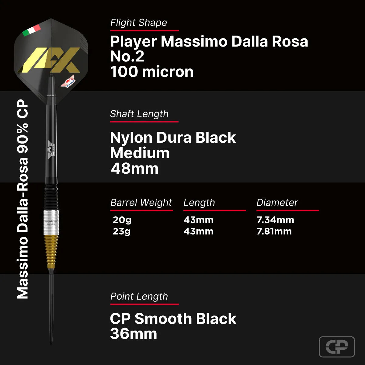 Bull's NL Massimo Dalla-Rosa CP 90% Tungsten Steel Tip Darts-6-20 GRAM-Premier Darts