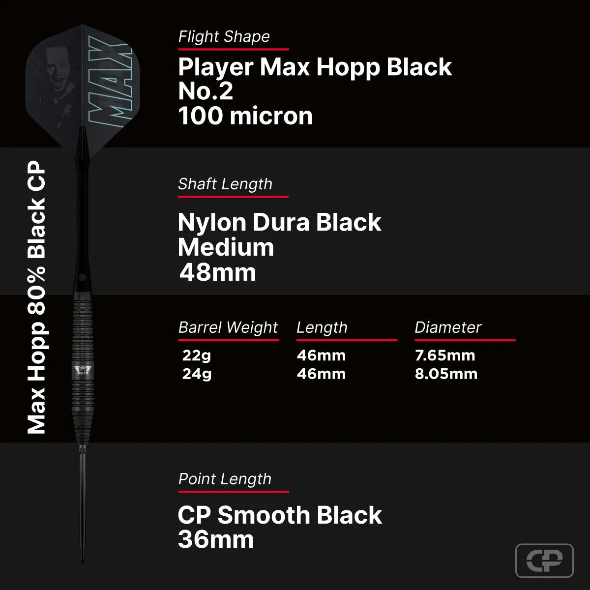 Bull's NL Max Hopp Black CP 80% Tungsten Steel Tip Darts-6-22 GRAM-Premier Darts
