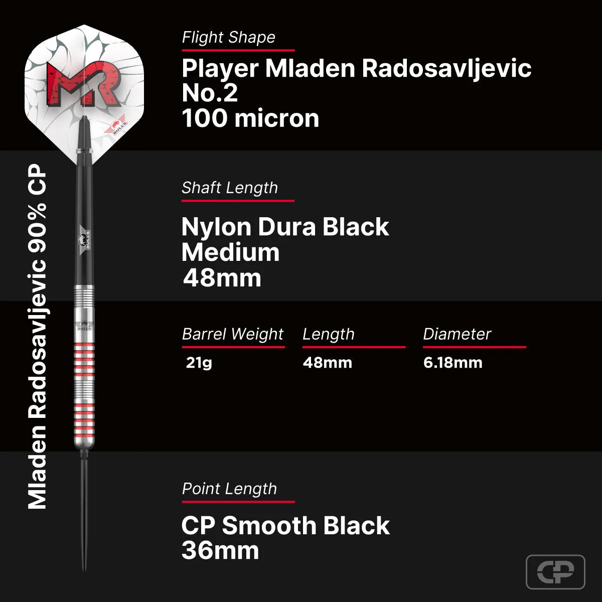Bull's NL Mladen Radosavljevic CP 90% Tungsten Steel Tip Darts-6-21 GRAM-Premier Darts