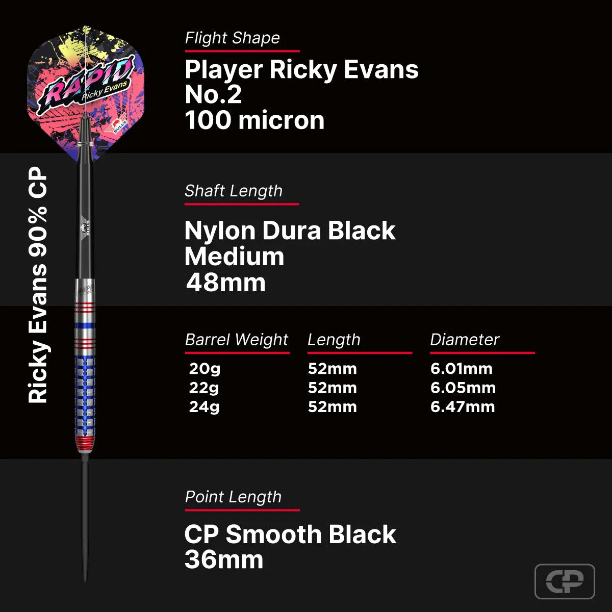 Bull's NL Ricky Evans CP 90% Tungsten Steel Tip Darts-6-20 GRAM-Premier Darts