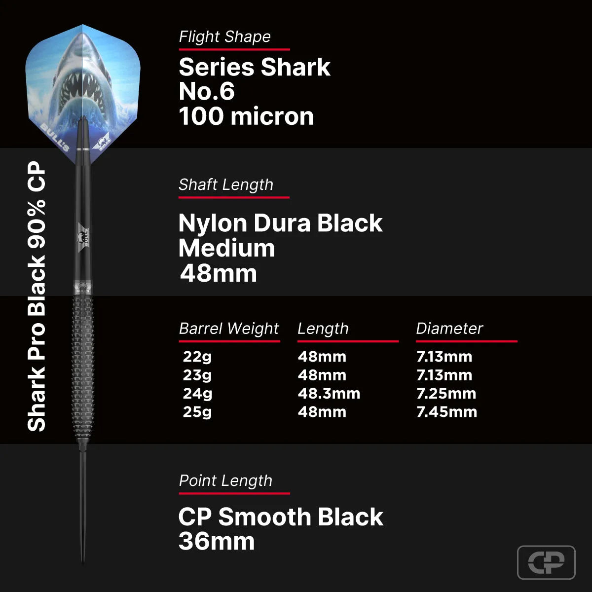Bull's NL Shark Pro Black CP 90% Tungsten Steel Tip Darts-6-22 GRAM-Premier Darts