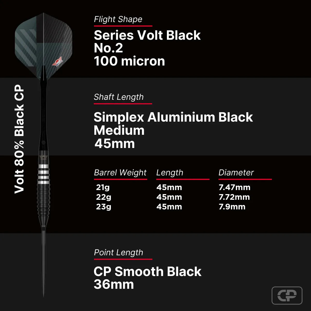 Bull's NL Volt Black CP 80% Tungsten Steel Tip Darts-6-21 GRAM-Premier Darts