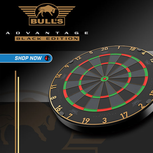 Bulls Advantage Black Edition dartboard with branding and 'Shop Now' button on a dark background