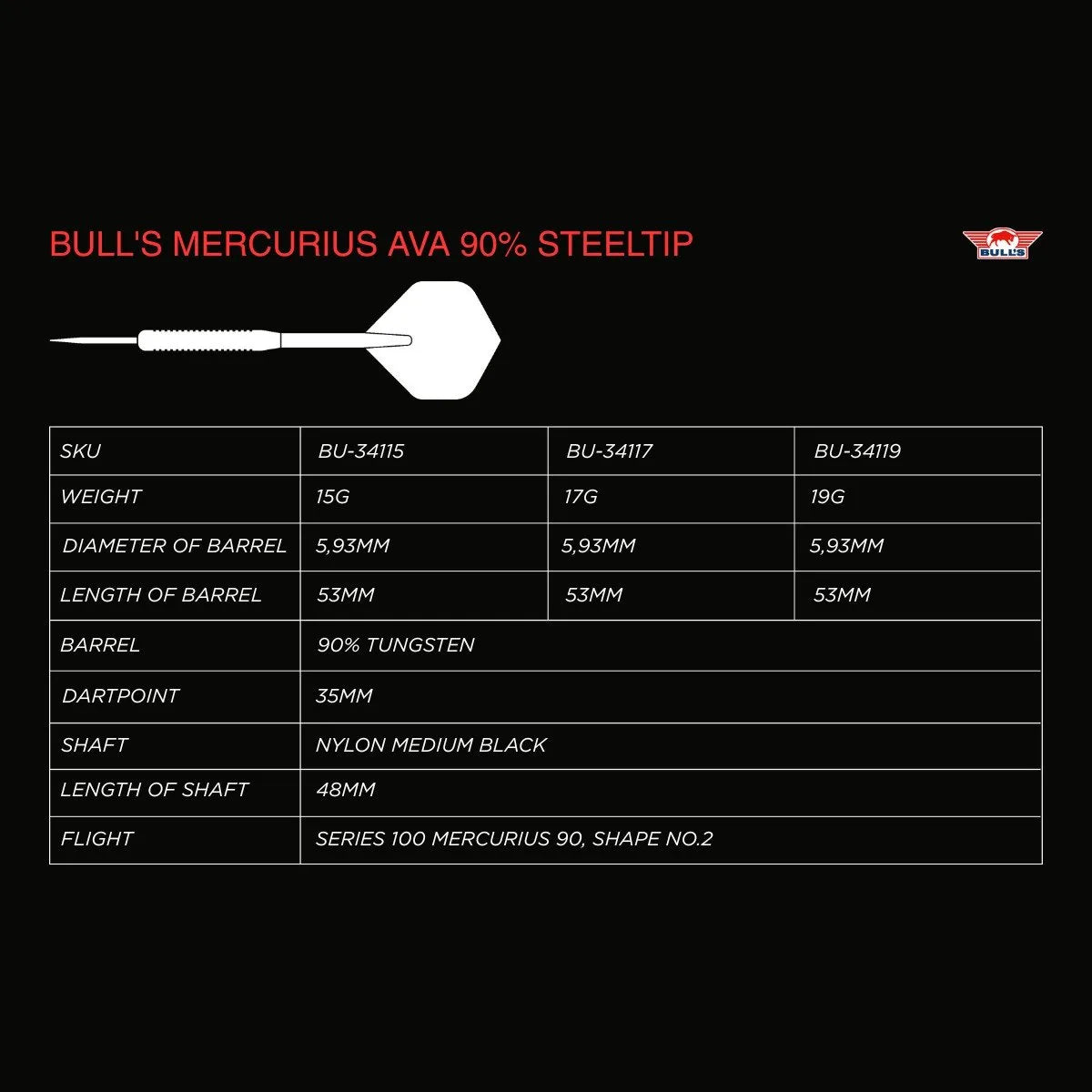 Bull's NL Mercurius Ava 90% Tungsten Steel Tip Darts
