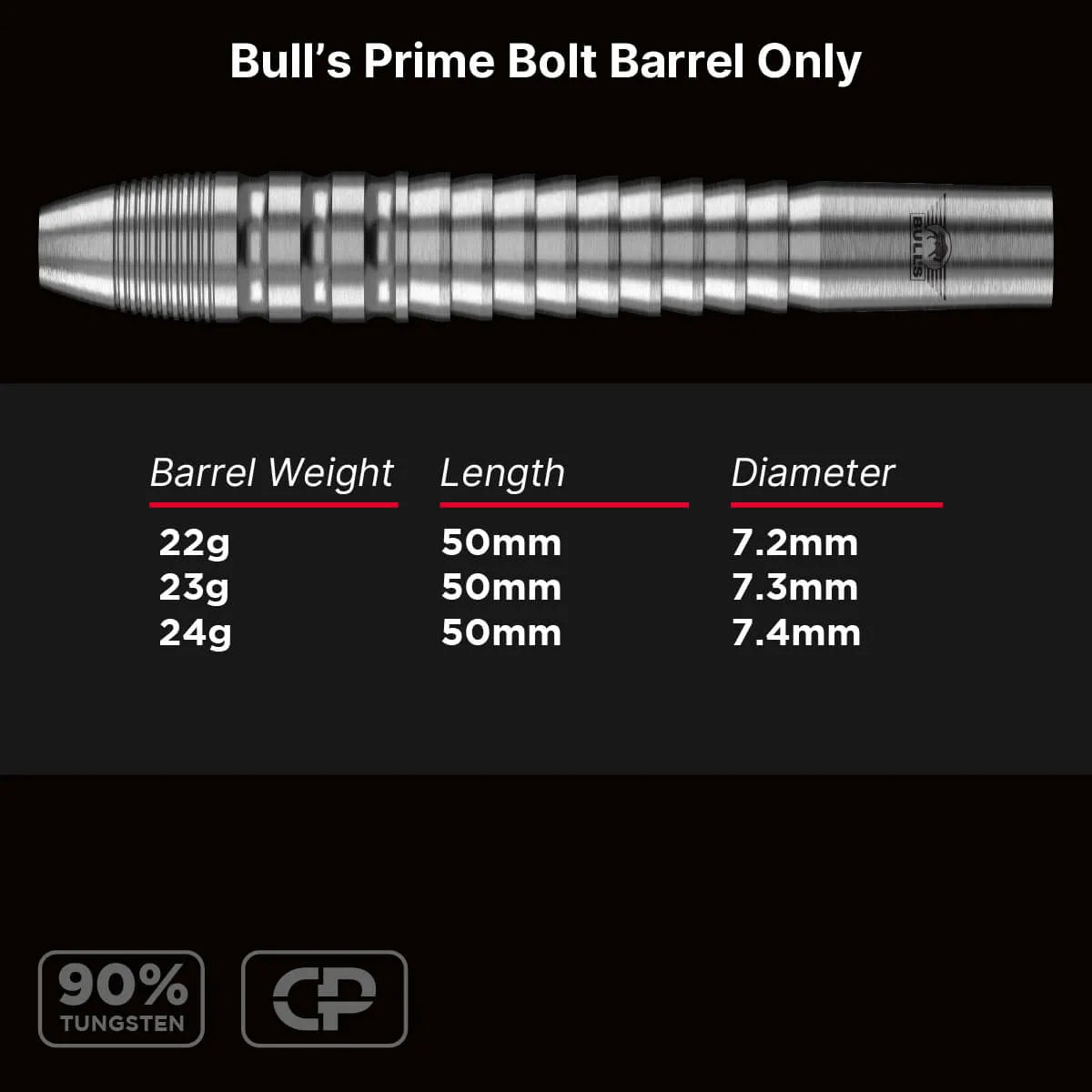 Bull's NL Prime Bolt CP 90% Tungsten Steel Tip Barrels Only-6-22 GRAM-Premier Darts