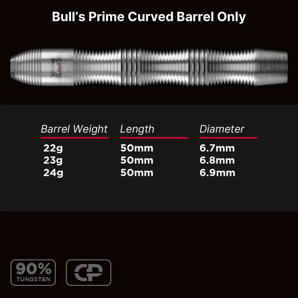 Bull's NL Prime Curved CP 90% Tungsten Steel Tip Barrels Only-6-22 GRAM-Premier Darts