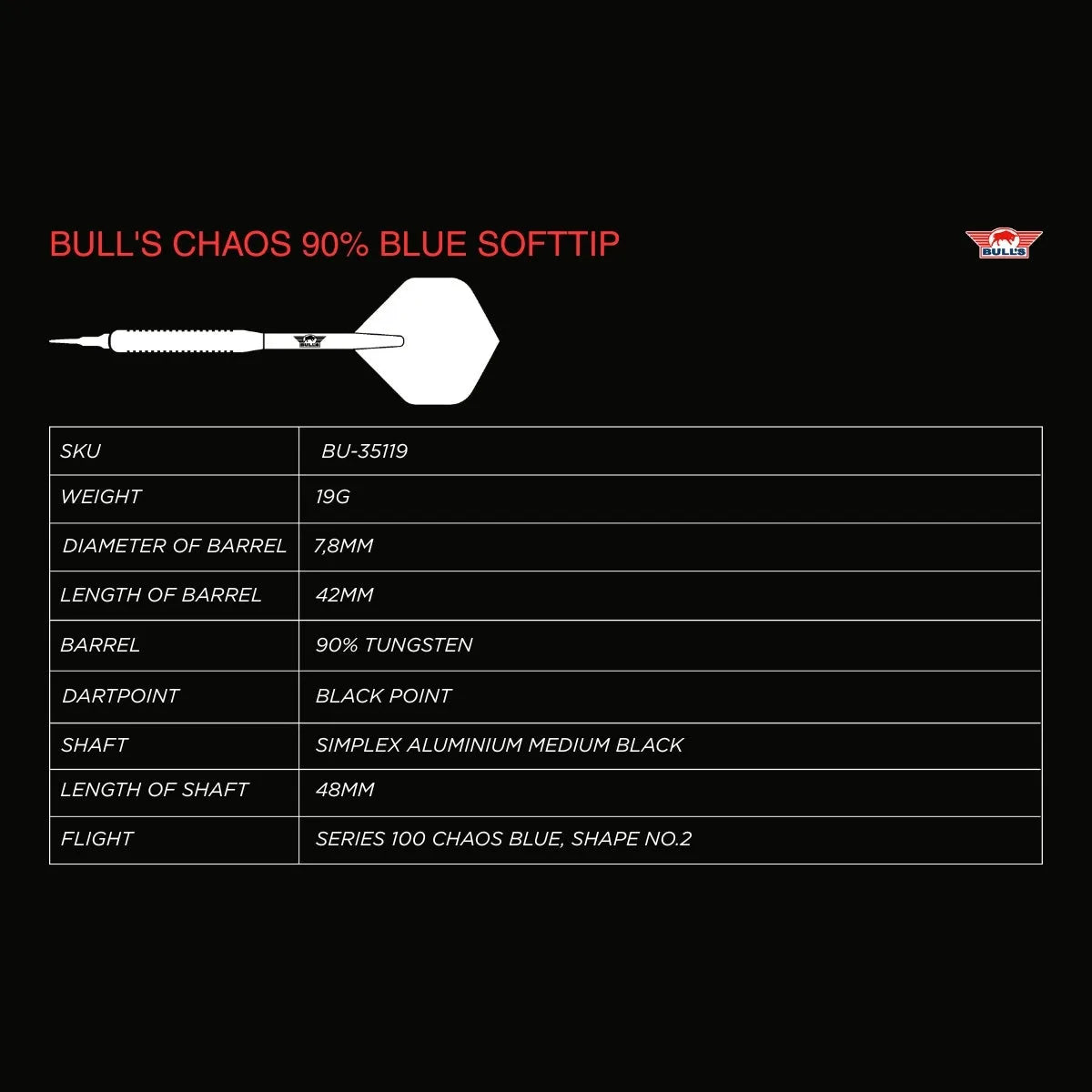 Bull's NL Chaos Blue 90% Tungsten Soft Tip Darts