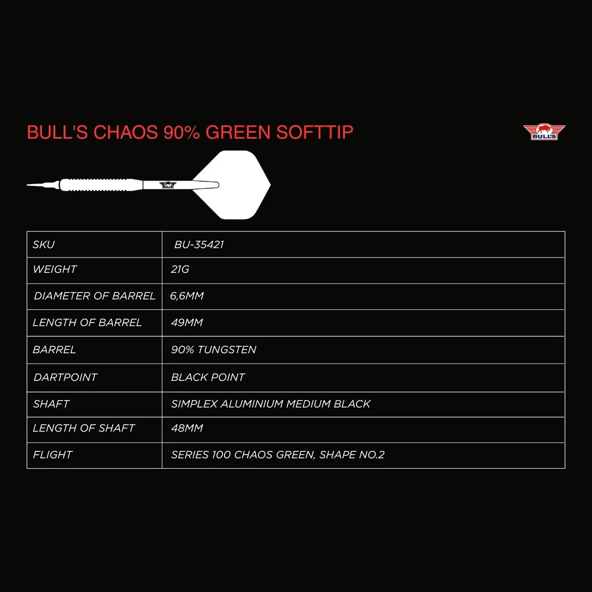 Bull's NL Chaos Green 90% Tungsten Soft Tip Darts