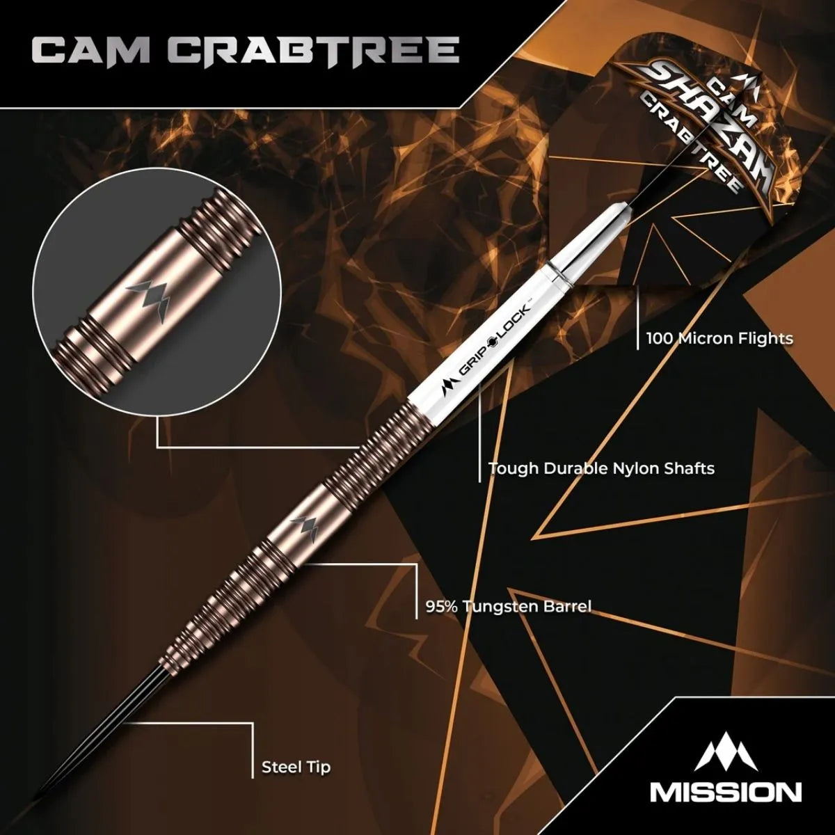 Mission Cam Crabtree V2 95% Tungsten Steel Tip Darts-3-22 GRAM-Premier Darts