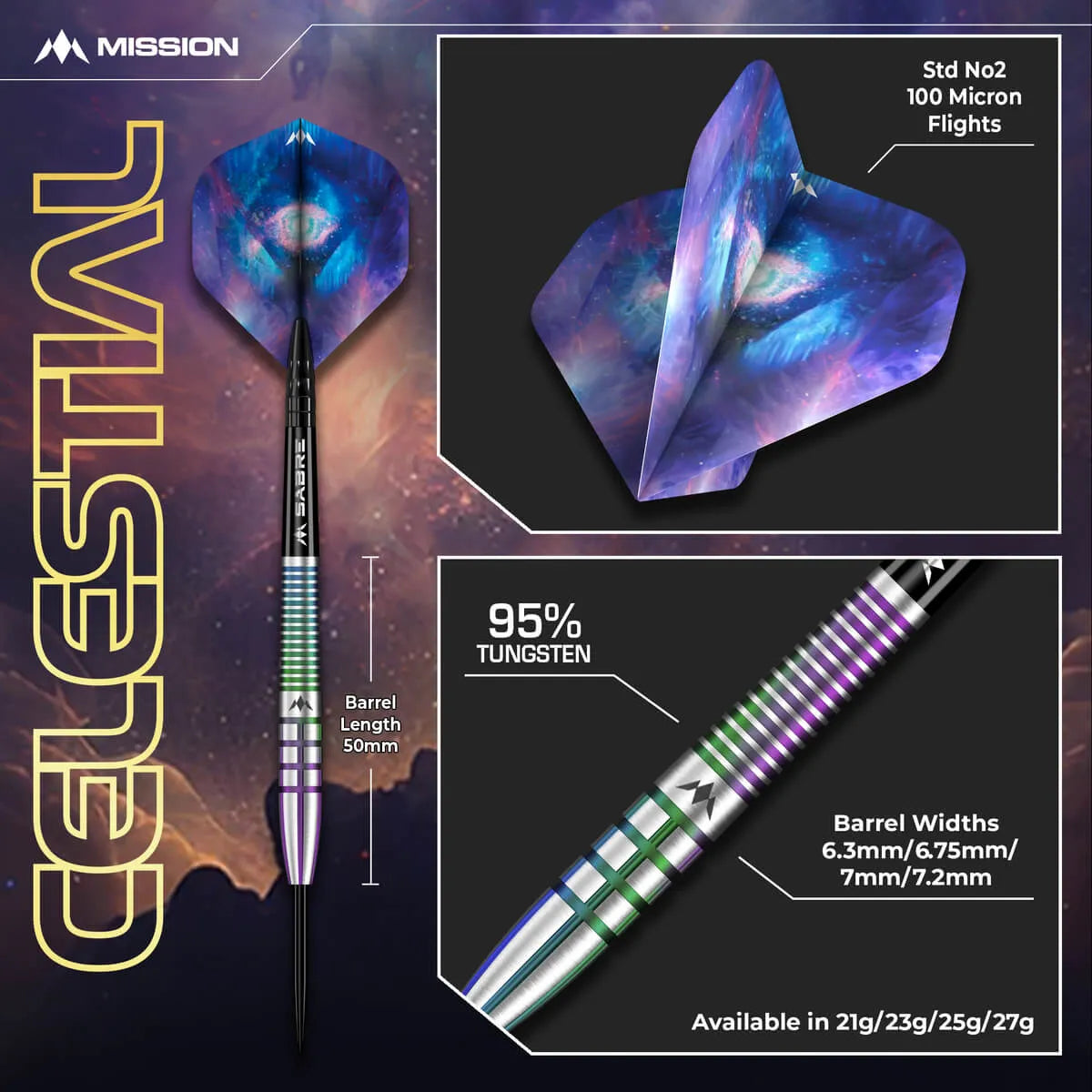 Mission Celestial Coral PVD 95% Tungsten Steel Tip Darts-7-21 GRAM-Premier Darts