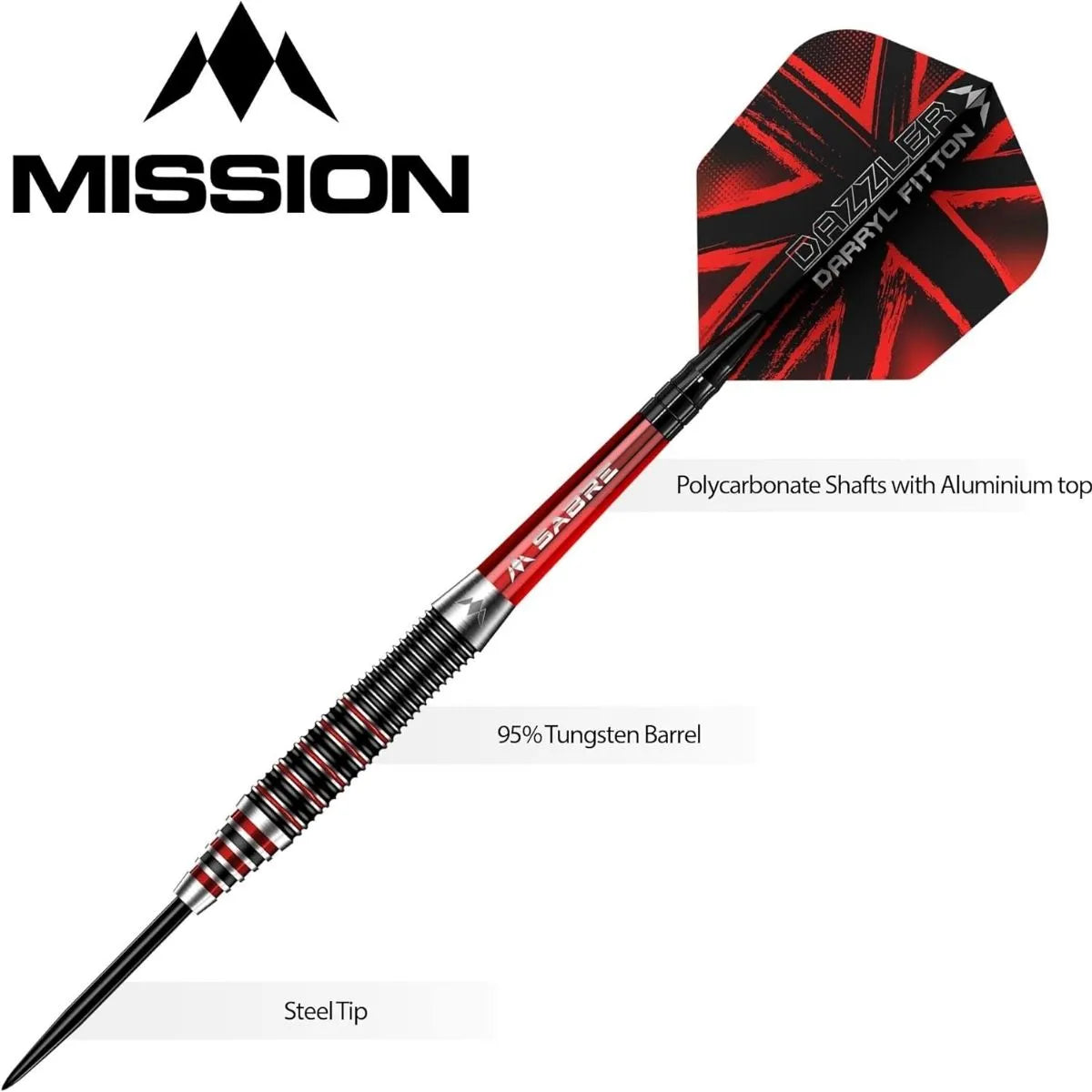 Mission Darryl Fitton Electro Black & Red 95% Tungsten Steel Tip Darts-4-22 GRAM-Premier Darts