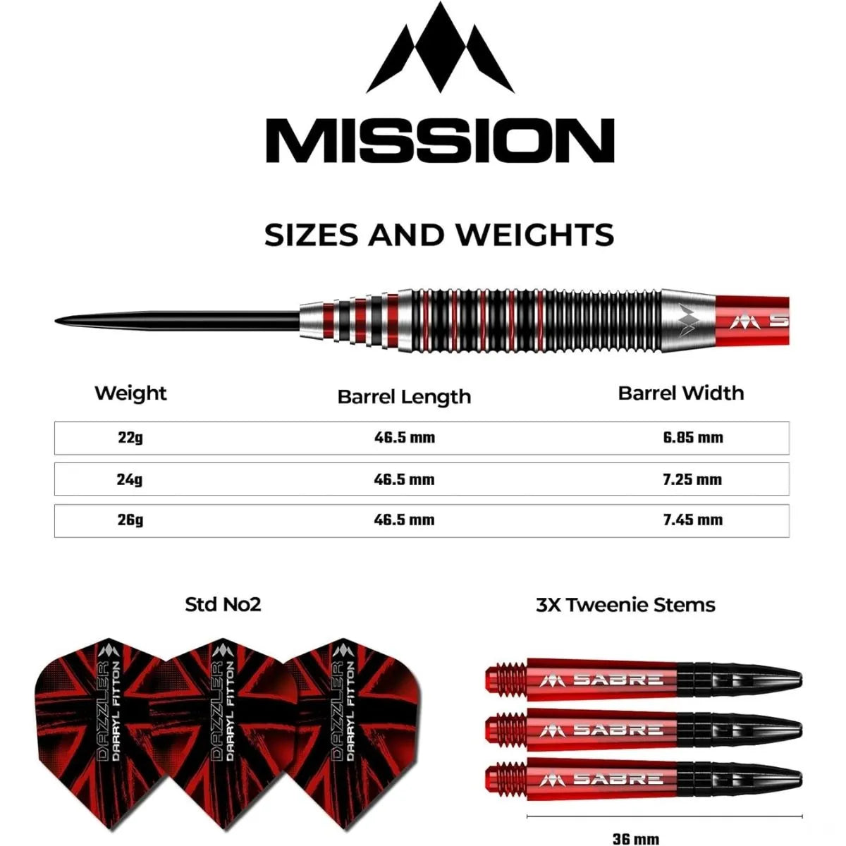 Mission Darryl Fitton Electro Black & Red 95% Tungsten Steel Tip Darts-6-22 GRAM-Premier Darts