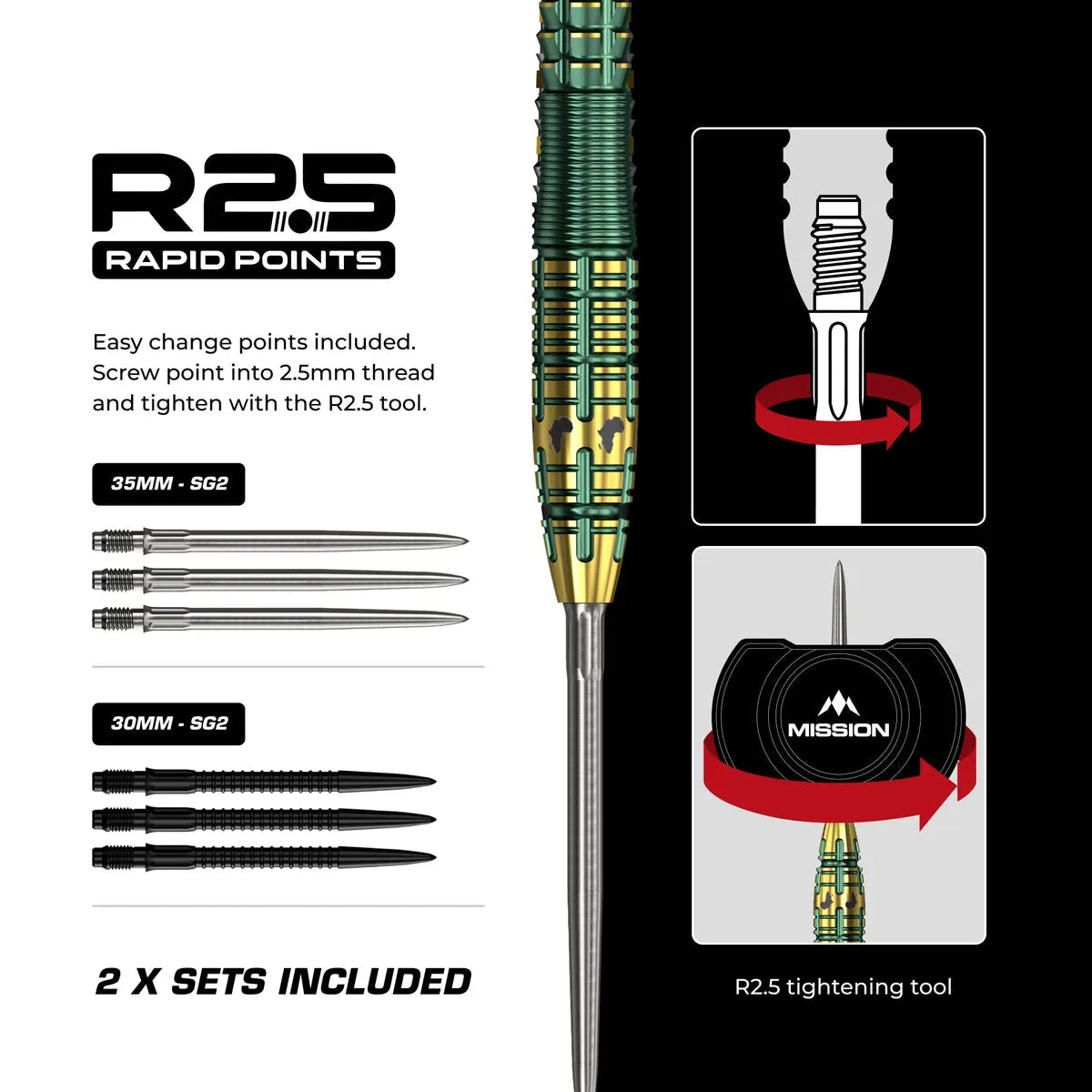 Mission Devon Petersen R2.5 95% Tungsten Steel Tip Darts-8-22 GRAM-Premier Darts