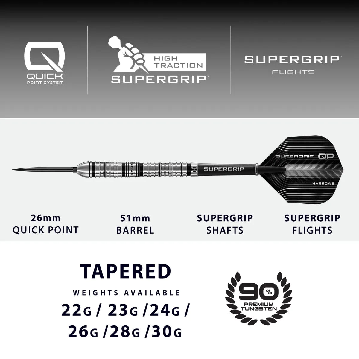 Harrows Supergrip QP Tapered 90% Tungsten Steel Tip Darts