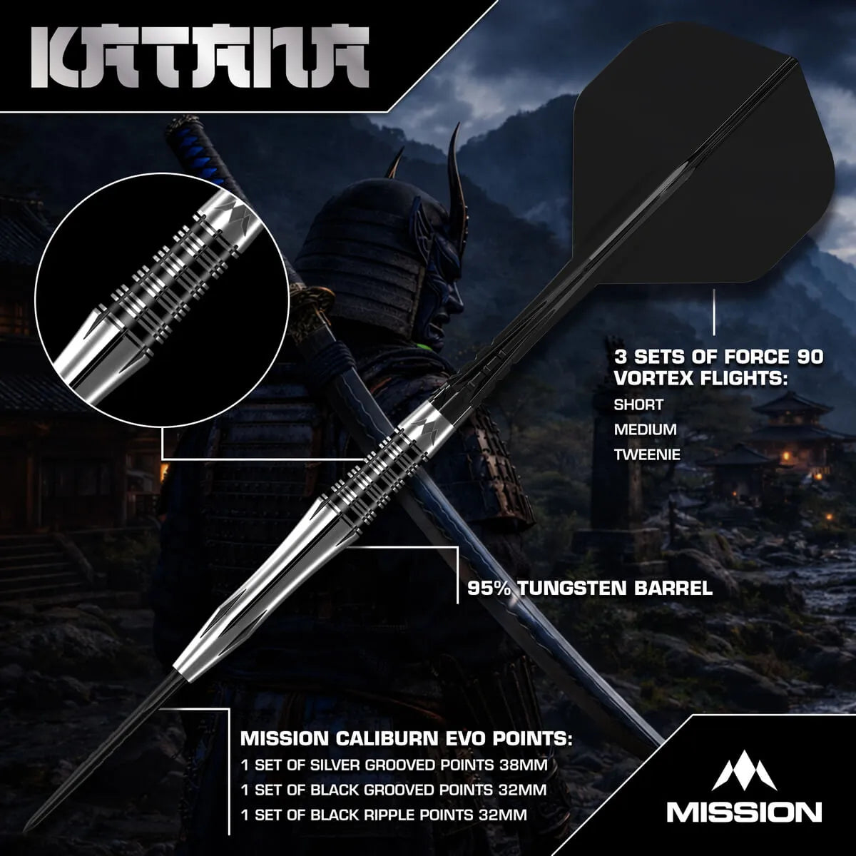 Mission Katana 95% Tungsten Steel Tip Darts-3-22 GRAM-Premier Darts