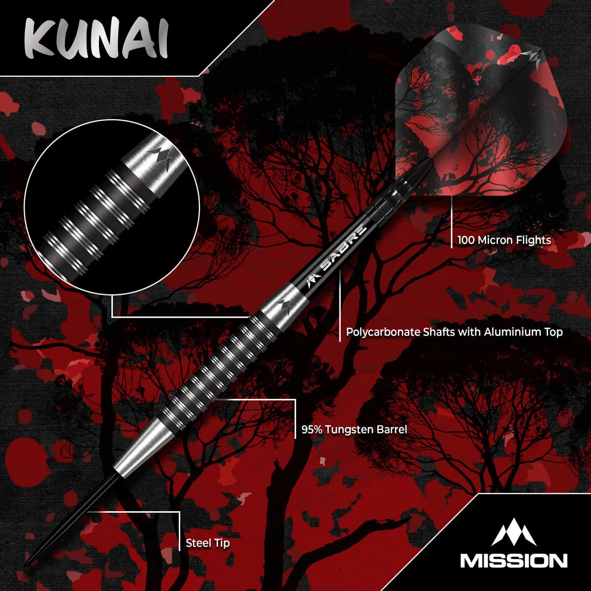 Mission Kunai Black PVD 95% Tungsten Steel Tip Darts-4-23 GRAM-Premier Darts