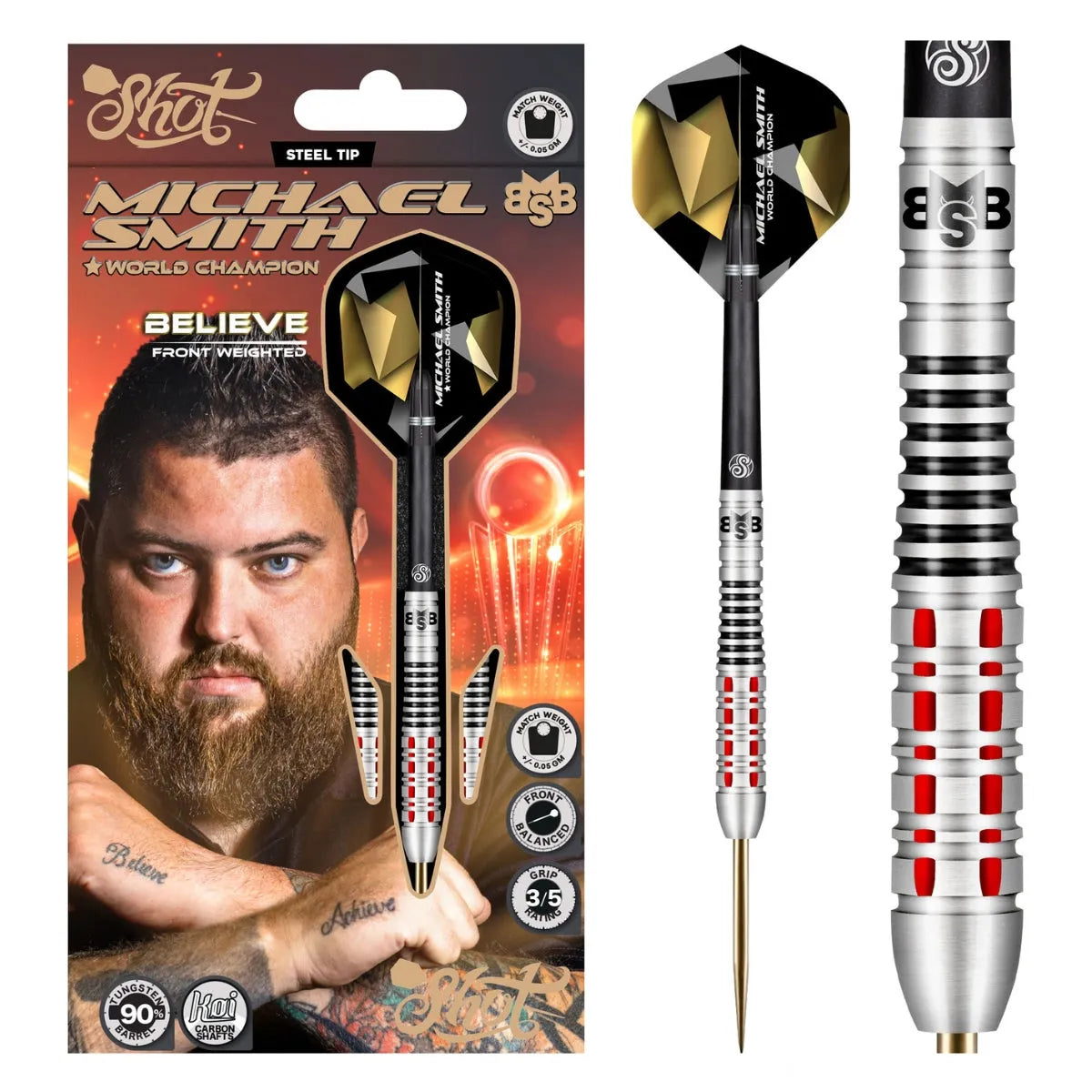 Shot Michael Smith Believe 90% Steel Tip Darts-1-22 GRAM-Premier Darts