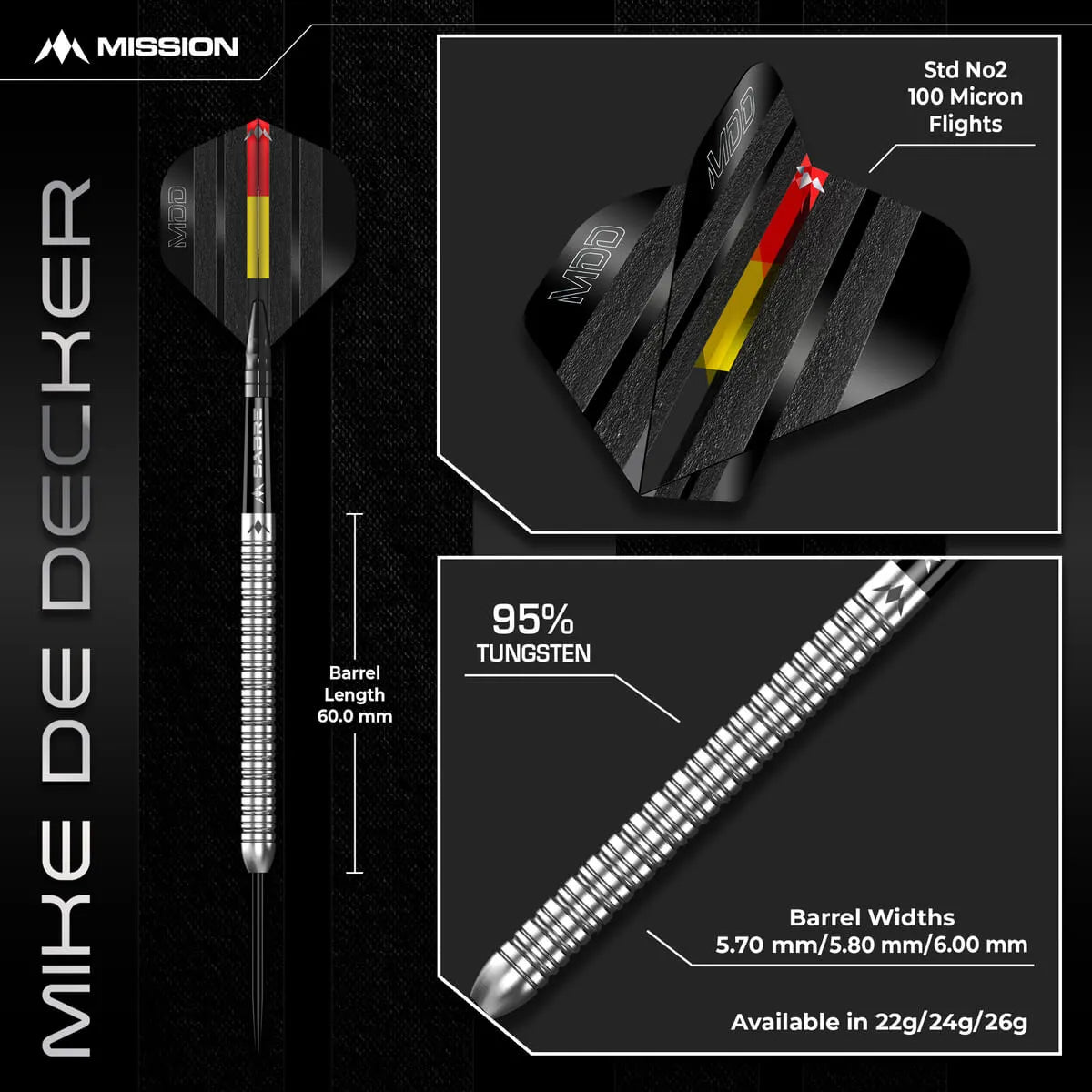 Mission Mike De Decker Silver 95% Tungsten Steel Tip Darts-7-22 GRAM-Premier Darts