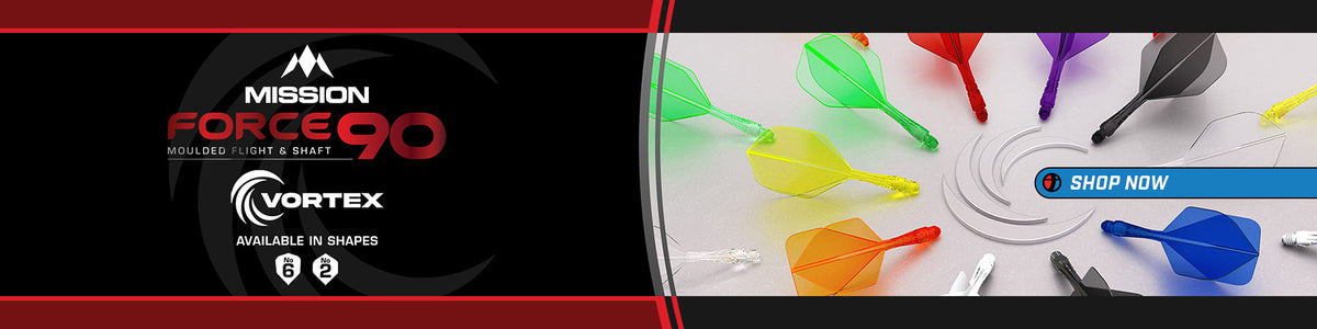 Promotional banner for Mission Force 90 Vortex available in shapers, featuring a black and red left side with logos and a white right side showing multiple colored dart flights.