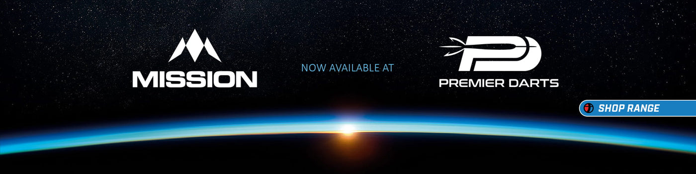 Promotional banner for Mission Premier Darts showing the Mission logo on the left, the Premier Darts logo on the right, and a blue curved horizon line over a black starry background with a small orange glow near the bottom center.