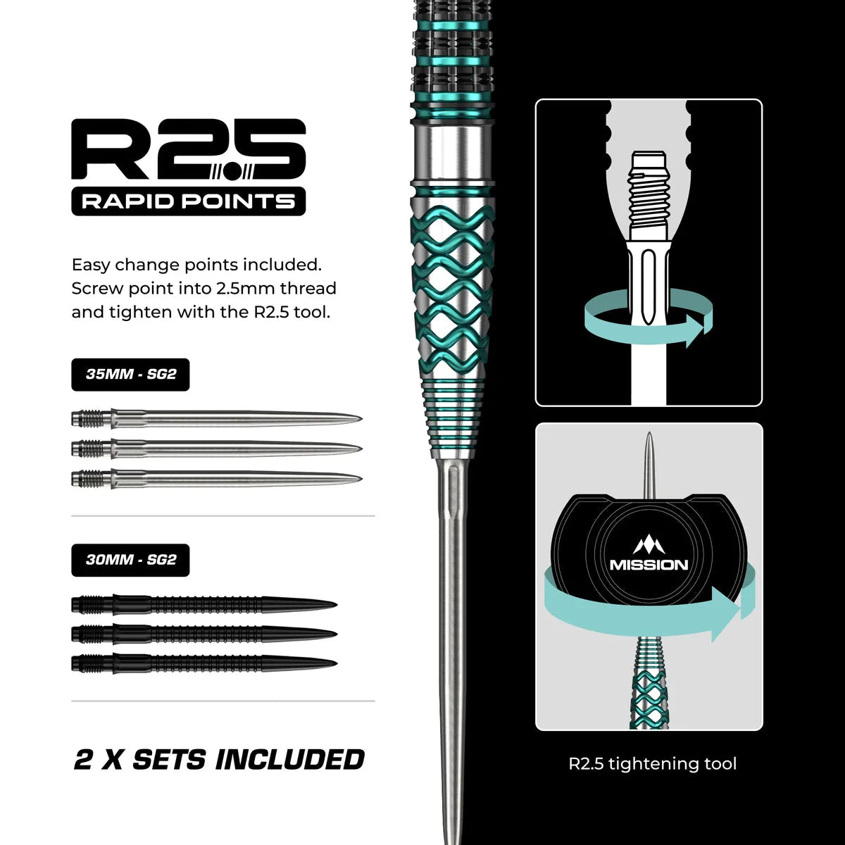 Mission Neptune R2.5 90% Tungsten Steel Tip Darts-8-21 GRAM-Premier Darts
