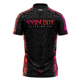 Black and pink snakebite-themed shirt with branding on a white background