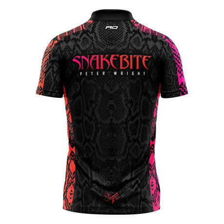 Black and pink snakebite-themed shirt with branding on a white background