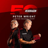 Peter Wright wearing Red Dragon shirts with a red and black background featuring the number 50 and 'Red Dragon' branding.