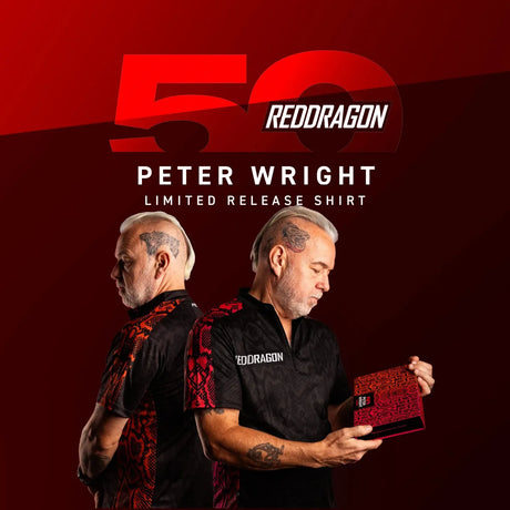 Peter Wright wearing Red Dragon shirts with a red and black background featuring the number 50 and 'Red Dragon' branding.