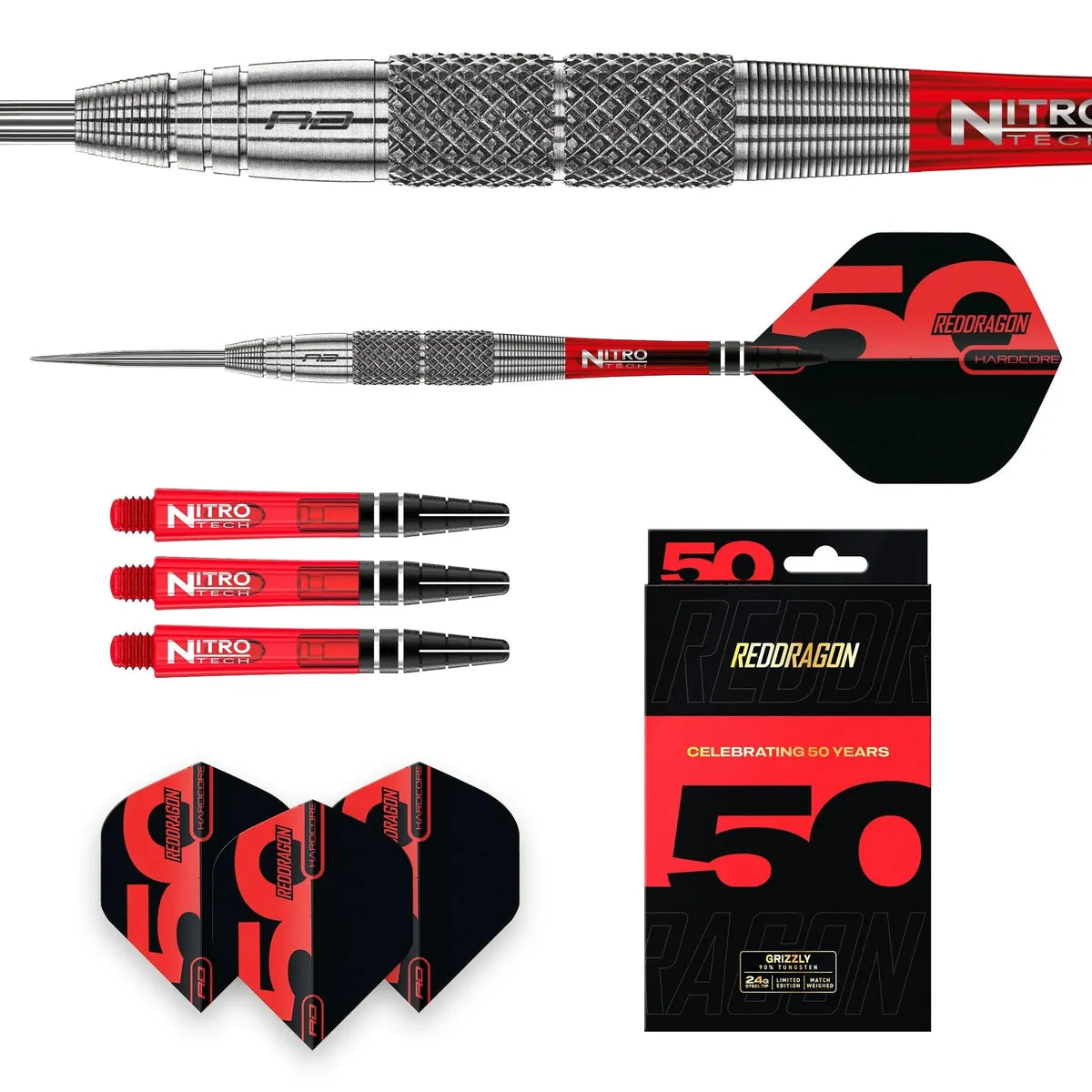 RED DRAGON DARTS - 50 Jaar Klassiekers Collectie - Hexoset 3-25g - 85% Wolfraam - Professionele Steel Tip Darts Set- Inclusief Dart Flights en Dart Stems