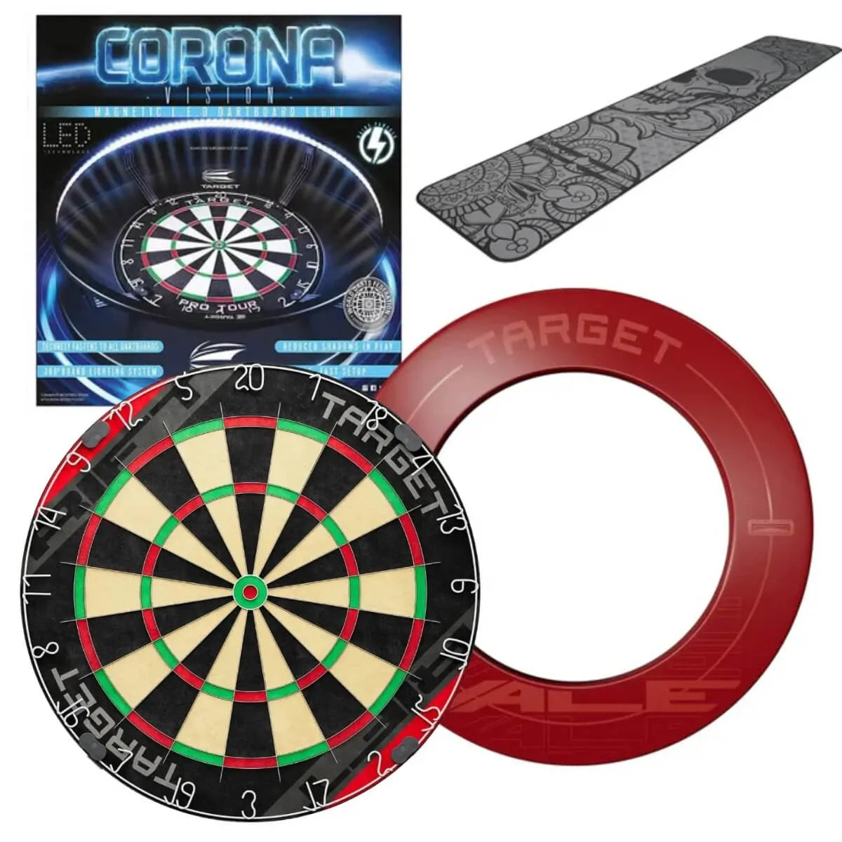 Target Rift Dartboard Board + Corona Light + World Chamion Mat + Vale Surround Bundle-3-Ink-Premier Darts