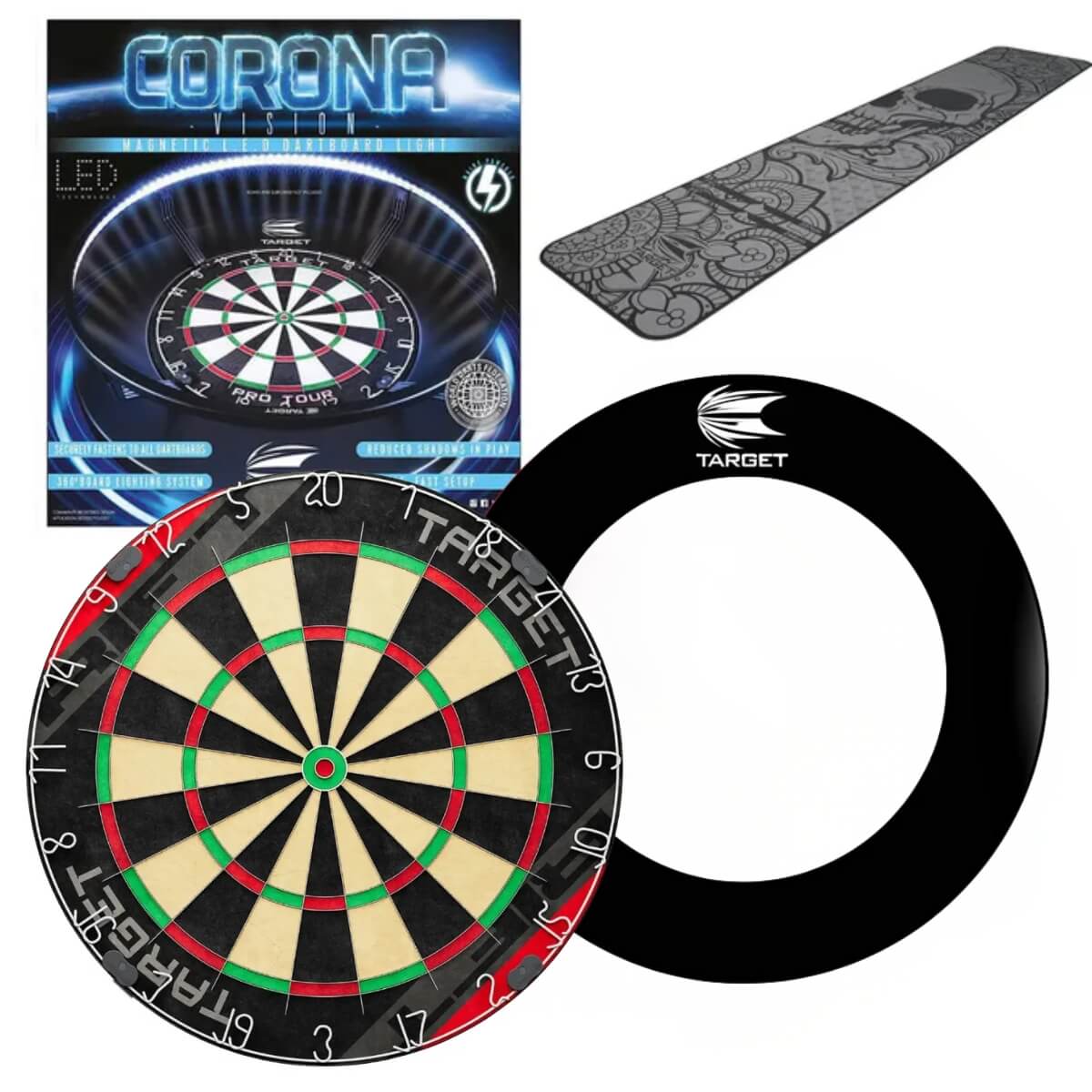 Target Rift Dartboard Board + Corona Light + World Chamion Mat + Tour Surround Bundle