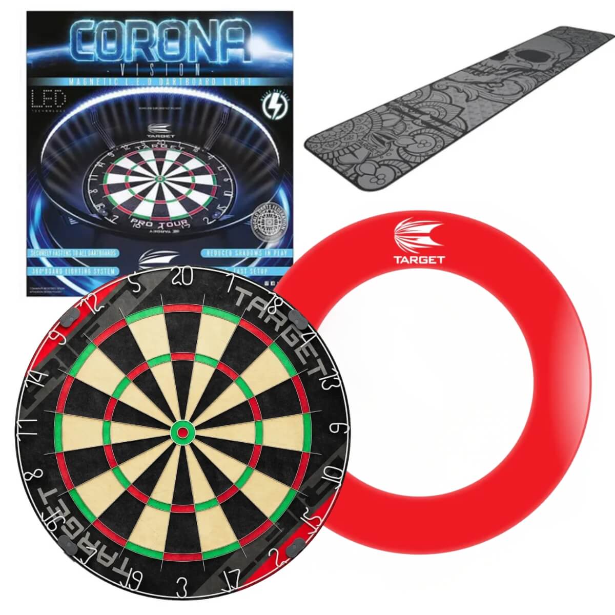 Target Rift Dartboard Board + Corona Light + World Chamion Mat + Tour Surround Bundle