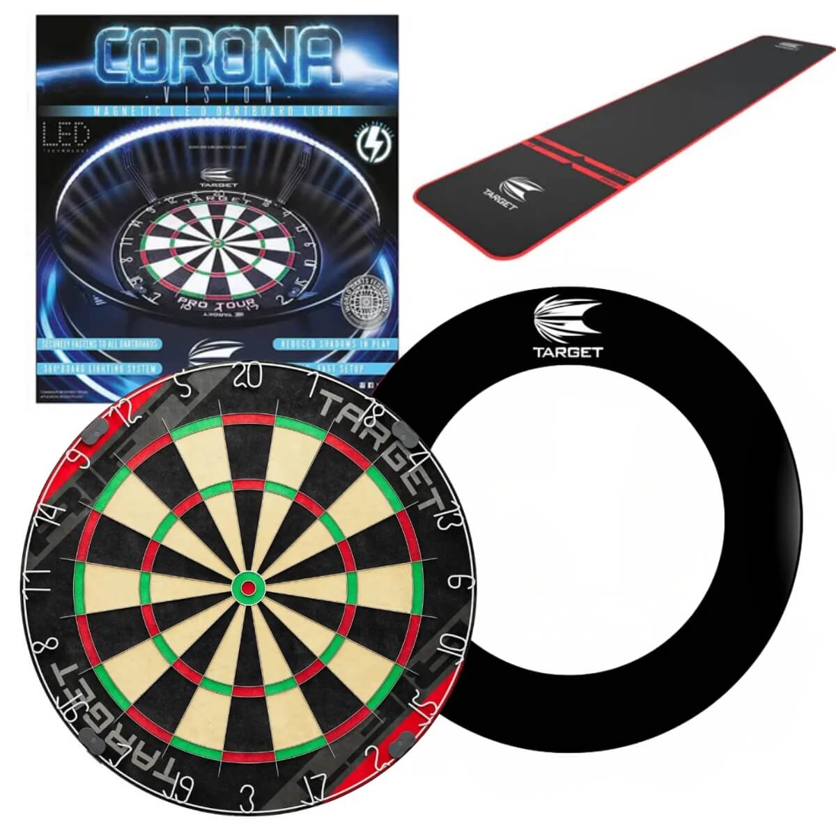Target Rift Dartboard Board + Corona Light + World Chamion Mat + Tour Surround Bundle
