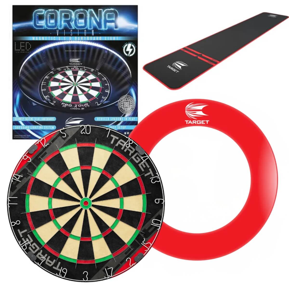 Target Rift Dartboard Board + Corona Light + World Chamion Mat + Tour Surround Bundle