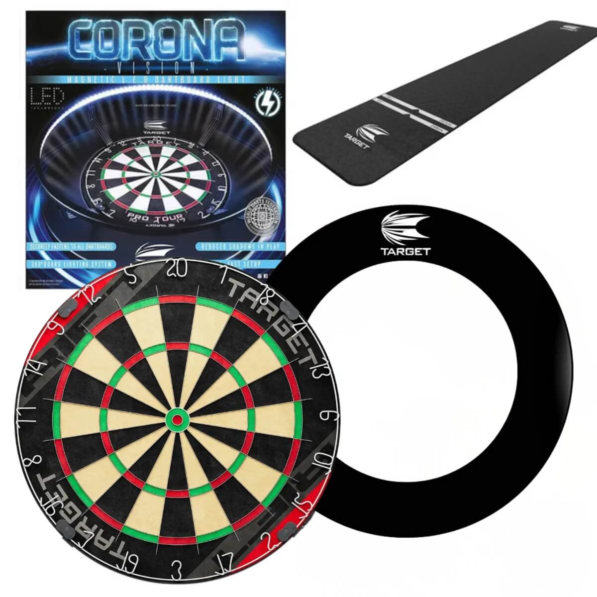 Target Rift Dartboard Board + Corona Light + World Chamion Mat + Tour Surround Bundle