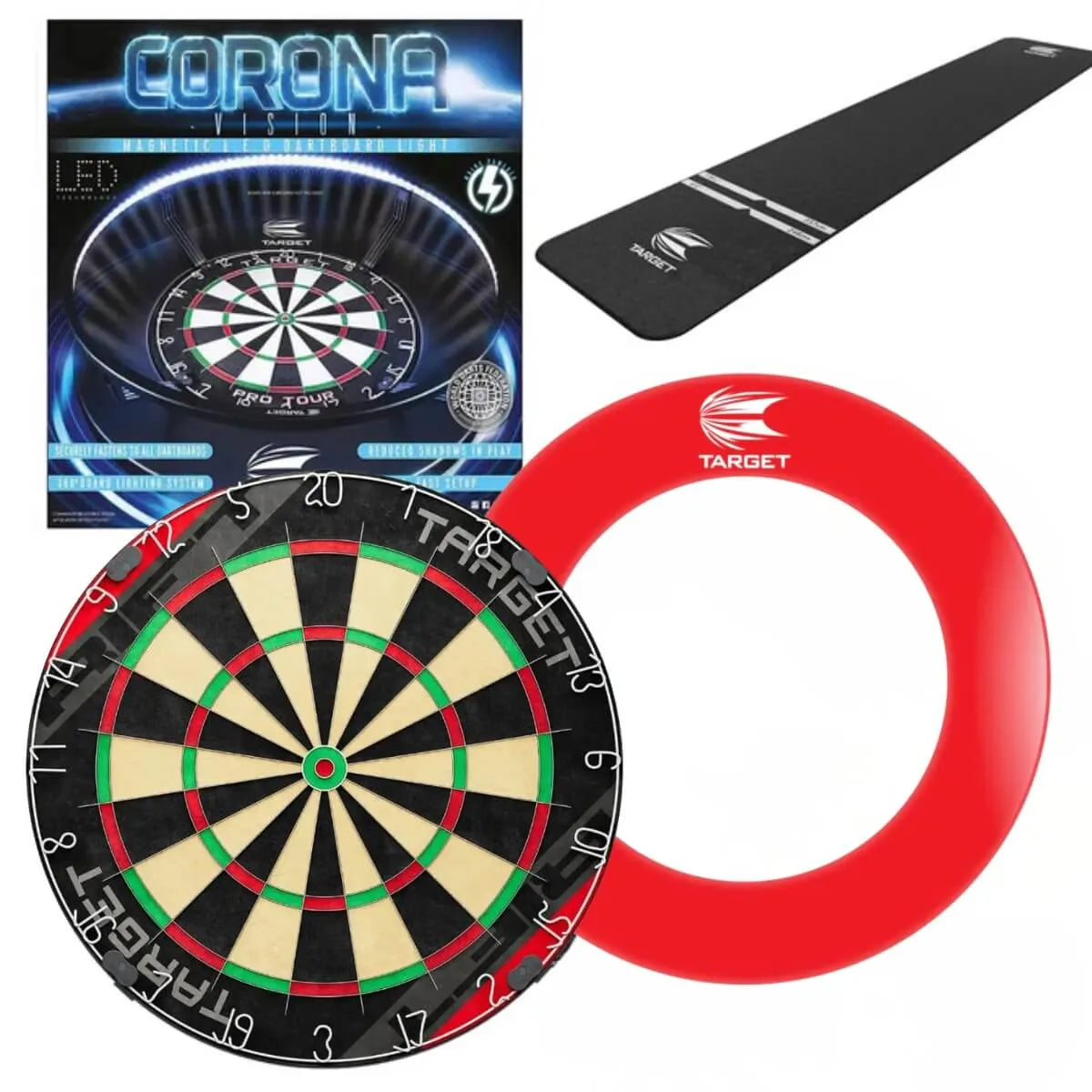 Target Rift Dartboard Board + Corona Light + World Chamion Mat + Tour Surround Bundle-9-Red-White-Premier Darts