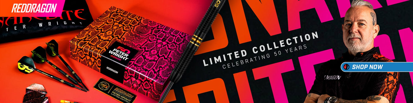 Promotional banner for a Peter Wright Limited Edition darts and packaging on a red background, featuring a man and 'Red Dragon' branding.