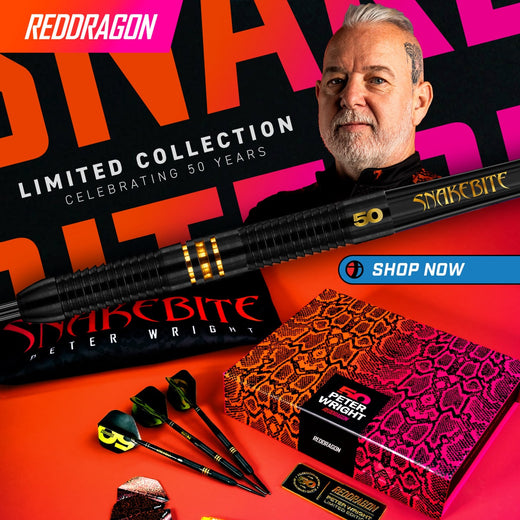 Reddragon Snakebite Peter Wright Limited Edition darts with packaging and branding on a vibrant background